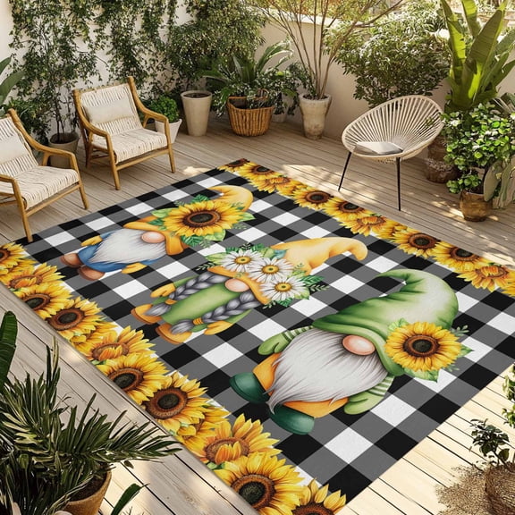 Sunflowers Gnomes Outdoor Rug for Patio/Deck/Porch, Non-Slip Large Area Rug 5 x 7 Ft, Summer Botanical Blooms Floral Check Indoor Outdoor Rugs Washable Area Rugs, Reversible Camping Rug Carpet Runner