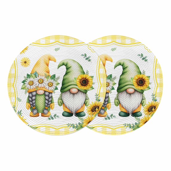 Sunflowers Gnomes Round 13 Inch Placemats Set of 2, Eucalyptus Spring Yellow Plaid HeatResistant Non Slip Place Mats for Dining Table, Wipeable Braided Kitchen Table Mats for Housewarming