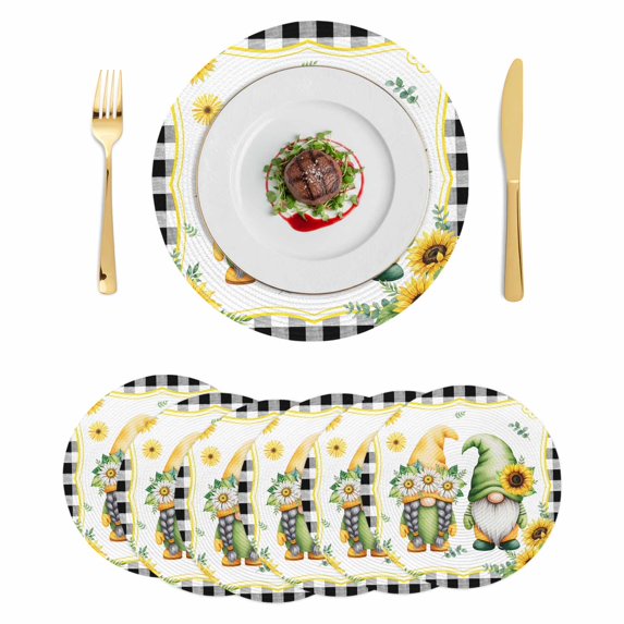Sunflowers Gnomes Round 13 Inch Placemats Set of 6, Eucalyptus Spring Black Checkered HeatResistant Non Slip Place Mats for Dining Table, Wipeable Braided Kitchen Table Mats for Housewarming