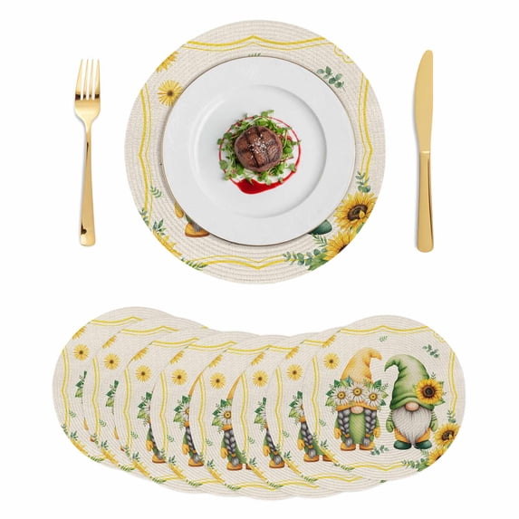 Sunflowers Gnomes Round 13 Inch Placemats Set of 8, Eucalyptus Spring Linen Texture HeatResistant Non Slip Place Mats for Dining Table, Wipeable Braided Kitchen Table Mats for Housewarming