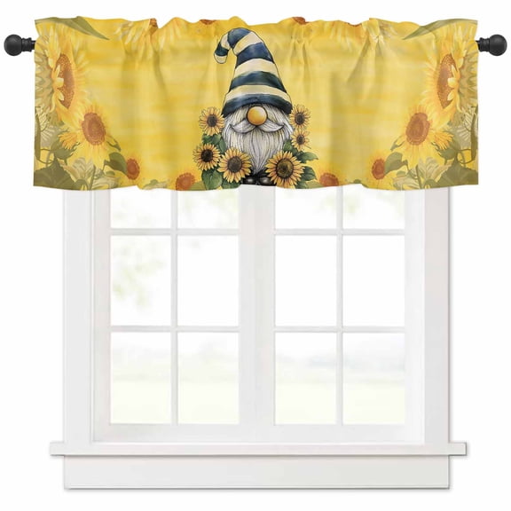 Sunflowers Gnomes Valances for Windows Farmhouse Kitchen Curtains Valances Rod Pocket Valance Curtains for Kitchen Windows Summer Yellow Floral Leaf Plant Window Valances for Bathroom Bedroom 42"x18"