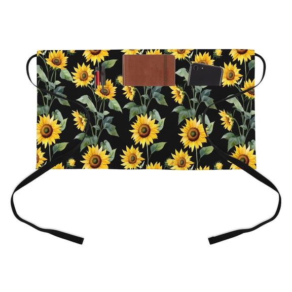 Sunflowers Half Waist Apron Yellow Flower Spring Summer Black Background Short Waiter Aprons with 3 Pockets for Women Men Kitchen Restaurant Cooking