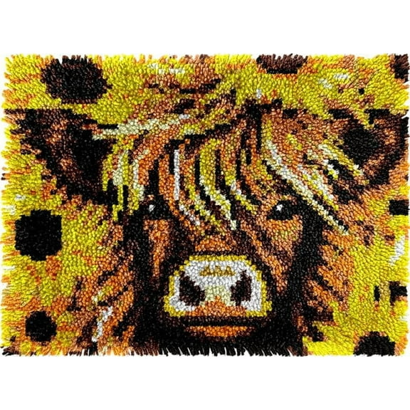 Sunflowers Highland Cow Latch Hook Kits Rug DIY Cushion Tapestry Making Crochet Hook Mat Making Kits Color Preprinted Pattern Canvas DIY Carpet Needlework Crochet Kits 52x38cm (AG11-111)