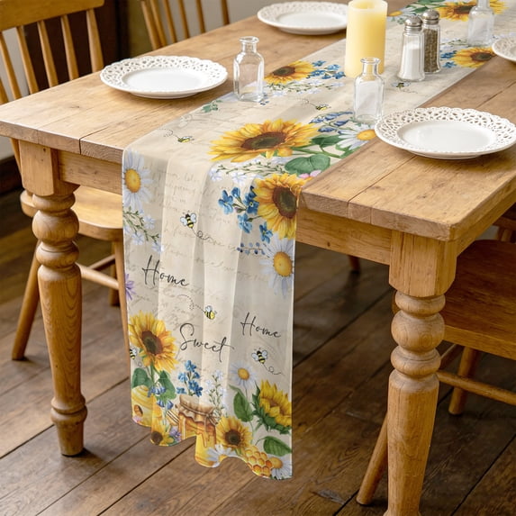 Sunflowers Honey 10ft Cheesecloth Table Runner for Wedding 27"x120", Daisy Blue Flowers Bee Home Country Farm Kitchen Dinner Sheer Tulle Chiffon Dresser Scarf, Holiday Party Decorations