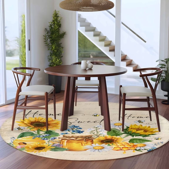 Sunflowers Honey 5ft Round Rug for Dining Table for 4 People Under Table Placement, Daisy Blue Flowers Bee Home Country Farm Washable Non Slip Circle Area Rug