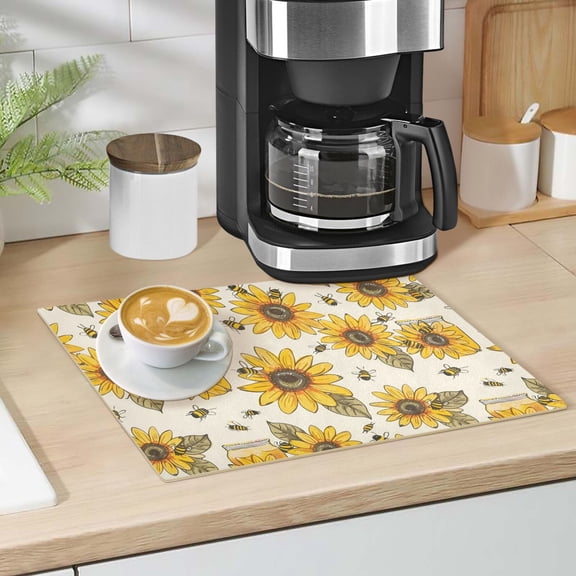 Sunflowers Honey Bee Dish Drying Mat 12"x18" Kitchen Counter Dish Pad Microfiber Absorbent Drainer Rack for Coffee Bar
