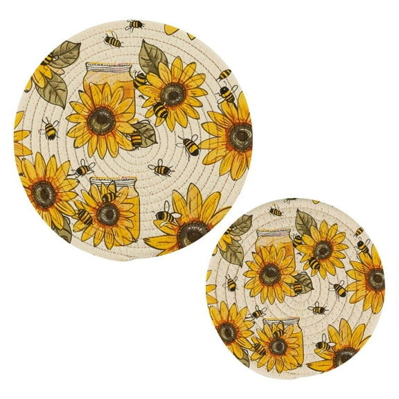 Sunflowers Honey Bee Pot Holders Trivets Set of 2 Cotton Hot Pads Mats for Hot Dishes Pots Pans Kitchen Cooking 7" 9.5"