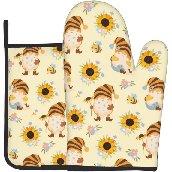 Sunflowers Honey Bees and Gnomes Oven Mitts and Pot Holders Heat Resistant Oven Mitts Safe for Baking Cooking BBQ