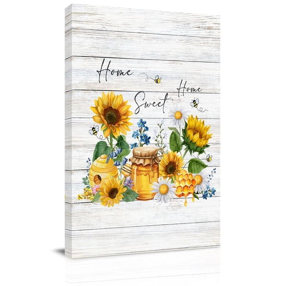 Sunflowers Honey Canvas Wall Art for Living Room, Daisy Blue Flower Bee Home Wood Striped Wall Decor Framed Artwork Pictures Ready to Hang for Bedroom Office Home Decor