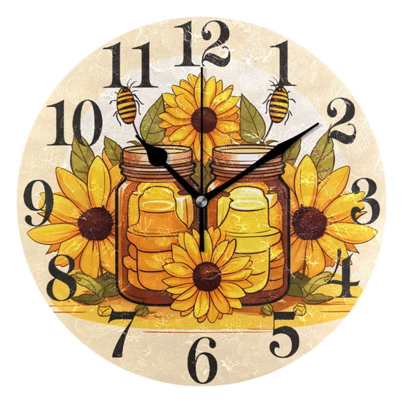 Sunflowers Honey Jars Bee Round Wall Clock Battery Operated Silent Non-Ticking Bedroom Office Kitchen Home School Decor 10"(Black)