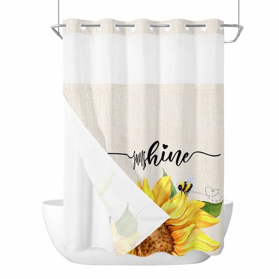 Sunflowers No Hook Shower Curtain Waterproof, Bathroom Curtains with Snap in Liners and See Through Top Window, Farmhouse Bees Vintage Sunshine Summer Hotel Style Bathtub Curtains Shower 72"Wx84"L