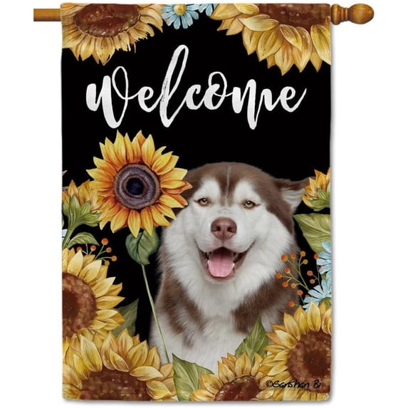 Sunflowers Husky House Flag Dog Floral Spring Summer Decor Flag for Outdoor Yard Double Side 28X40 Inch Style 1