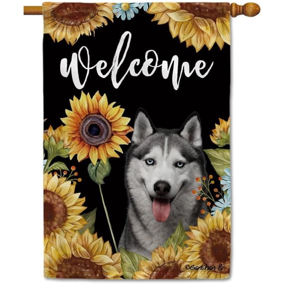 Sunflowers Husky House Flag Dog Floral Spring Summer Decor Flag for Outdoor Yard Double Side 28X40 Inch Style 4