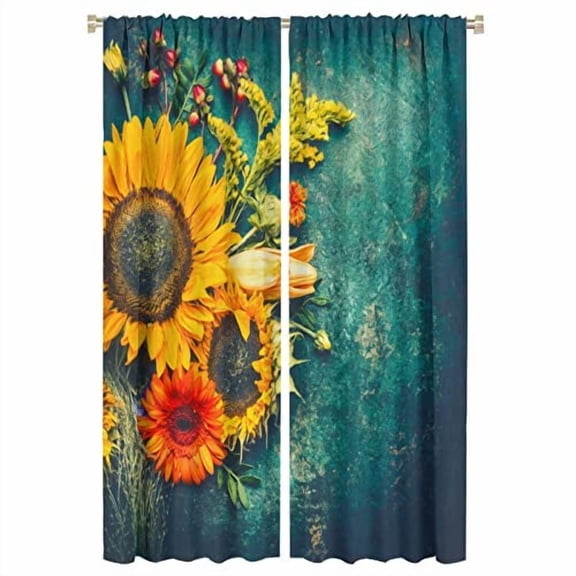 Sunflowers Kitchen Curtains,Sunflower Floral Flowers Vintage Style Rod Sleeves Window Drapes for Living Room Bedroom Dining Room Decor W42xL63in
