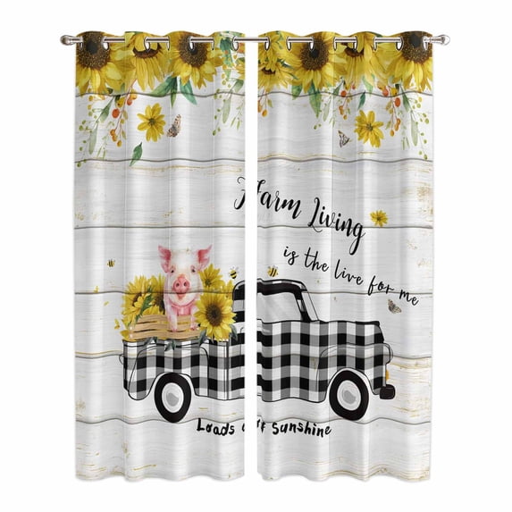 Sunflowers Kitchen Curtains Window Panels, Spring Botanical Truck Pig Wooden Grain Insulated Window Treatment Curtain, Grommet Curtains for Bedroom/Living Room/Bathroom, 2 Piece 42"Wx84"L