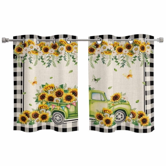 Sunflowers Kitchen Curtains Window Panels, Spring Farmhouse Vintage Truck Leaf Black Plaid Insulated Window Treatment Curtain, Grommet Curtains for Bedroom/Living Room/Bathroom, 2 Piece 27.5"Wx39"L
