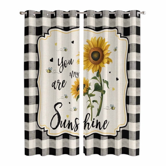Sunflowers Kitchen Curtains Window Panels, Yellow Floral Botanical Black White Checkered Rustic Insulated Window Treatment Curtain, Grommet Curtains for Bedroom/Living Room, 2 Piece 42"Wx84"L