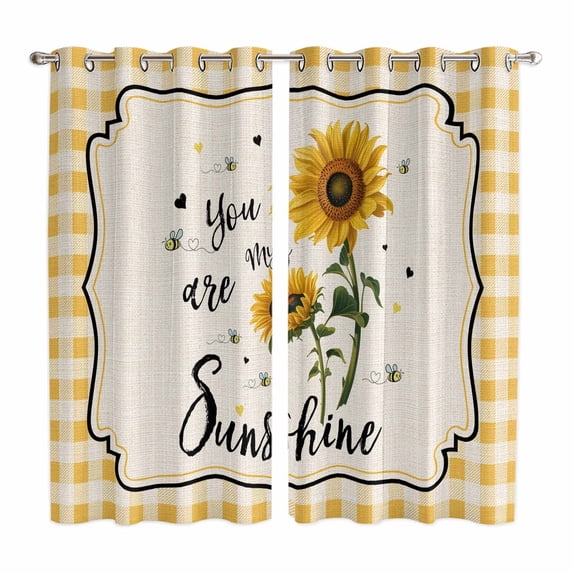 Sunflowers Kitchen Curtains Window Panels, Yellow Floral Botanical Checkered Rustic Insulated Window Treatment Curtain, Grommet Curtains for Bedroom/Living Room/Bathroom, 2 Piece 42"Wx63"L