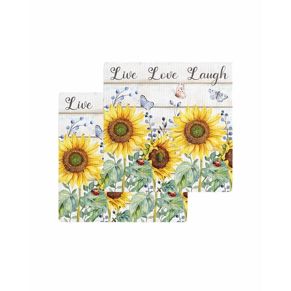 Sunflowers Kitchen Dish Towels for Drying Dishes Set of 2, Summer Botanical Floral Butterfly Wooden Waffle Weave Microfiber Terry Hand Tea Bathroom Towels Quick Dry & Absorbent Towel 12x12