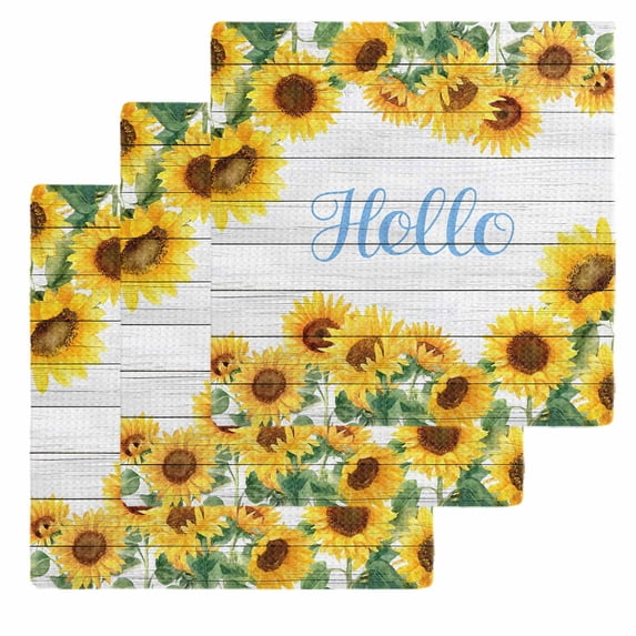 Sunflowers Kitchen Dish Towels for Drying Dishes Set of 3, Yellow Flowers Summer Botanical Pastoral Wooden Waffle Weave Microfiber Hand Tea Bathroom Towels Quick Dry & Absorbent Towel 12x12
