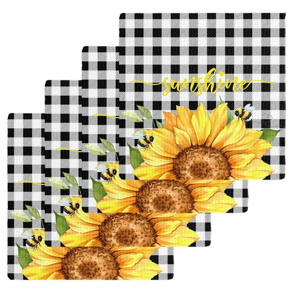 Sunflowers Kitchen Dish Towels for Drying Dishes Set of 4, Black White Check Sunshine Buffalo Bee Waffle Weave Microfiber Hand Tea Bathroom Towels Quick Dry & Absorbent Towel 12x12