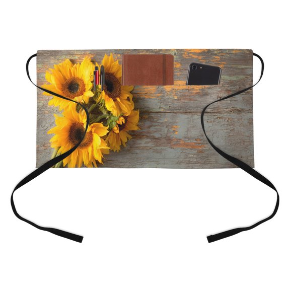 Sunflowers Kitchen Restaurant Half Waist Apron, Yellow Blooms Flowers Gray Wood Farmhouse Server Short Apron with 3 Pockets Waterproof Oil Waist Aprons for Women Waitress Waiter