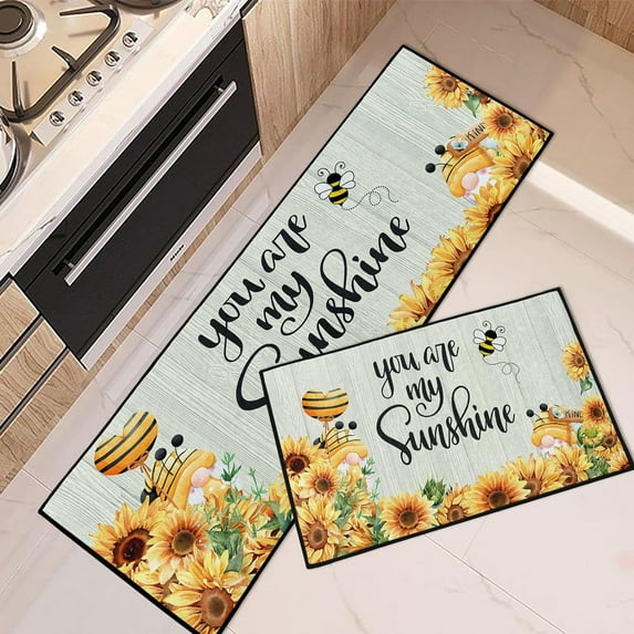 Sunflowers Kitchen Rugs and Mats Non Skid Washable Set of 2, Farmhouse Gnome Bee Kitchen Floor Mats, You are My Sunshine Kitchen Runner Rug, Vintage Floral Kitchen Decor