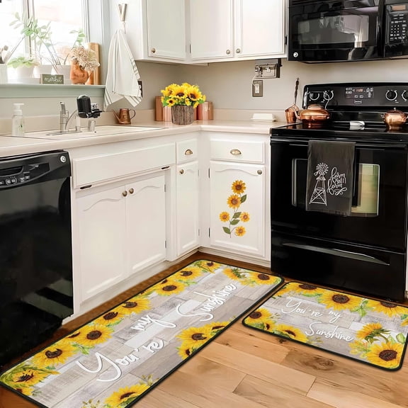 Sunflowers Kitchen Rugs and Mats Sets of 2, Non Skid Washable Absorbent Microfiber Retro Rustic Wood Texture Kitchen Mat for Runner Hallway Doormat Bathroom 17"x 47"+17"x 30"