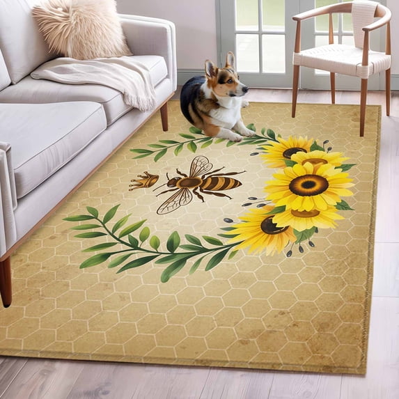 Sunflowers Kitchen Runner Rug 2.7x5 Washable Runners for Hallway Non Slip Farmhouse Bees Spring Summer Watercolor Floral Leaf Large Area Rug Indoor Floor Carpet for Bathroom Laundry Entryway Bedroom