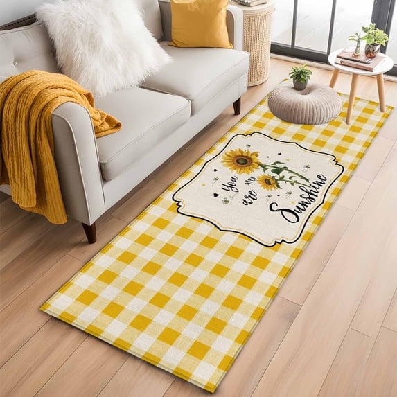Sunflowers Kitchen Runner Rug 2x6 Washable Runners for Hallway Non Slip Yellow Floral Watercolor Botanical Checkered Rustic Large Area Rug Indoor Floor Carpet for Bathroom Laundry Entryway Bedroom