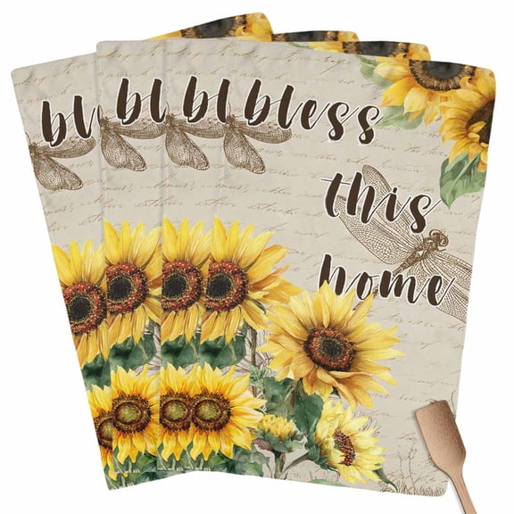 Sunflowers Kitchen Towel Dish Cloths Set of 4, Microfiber Soft Kitchen Hand Towels, Spring Farmhouse Flowers Dragonflies Retro Absorbent Quick Drying Dishcloths 18 x 28 Inches