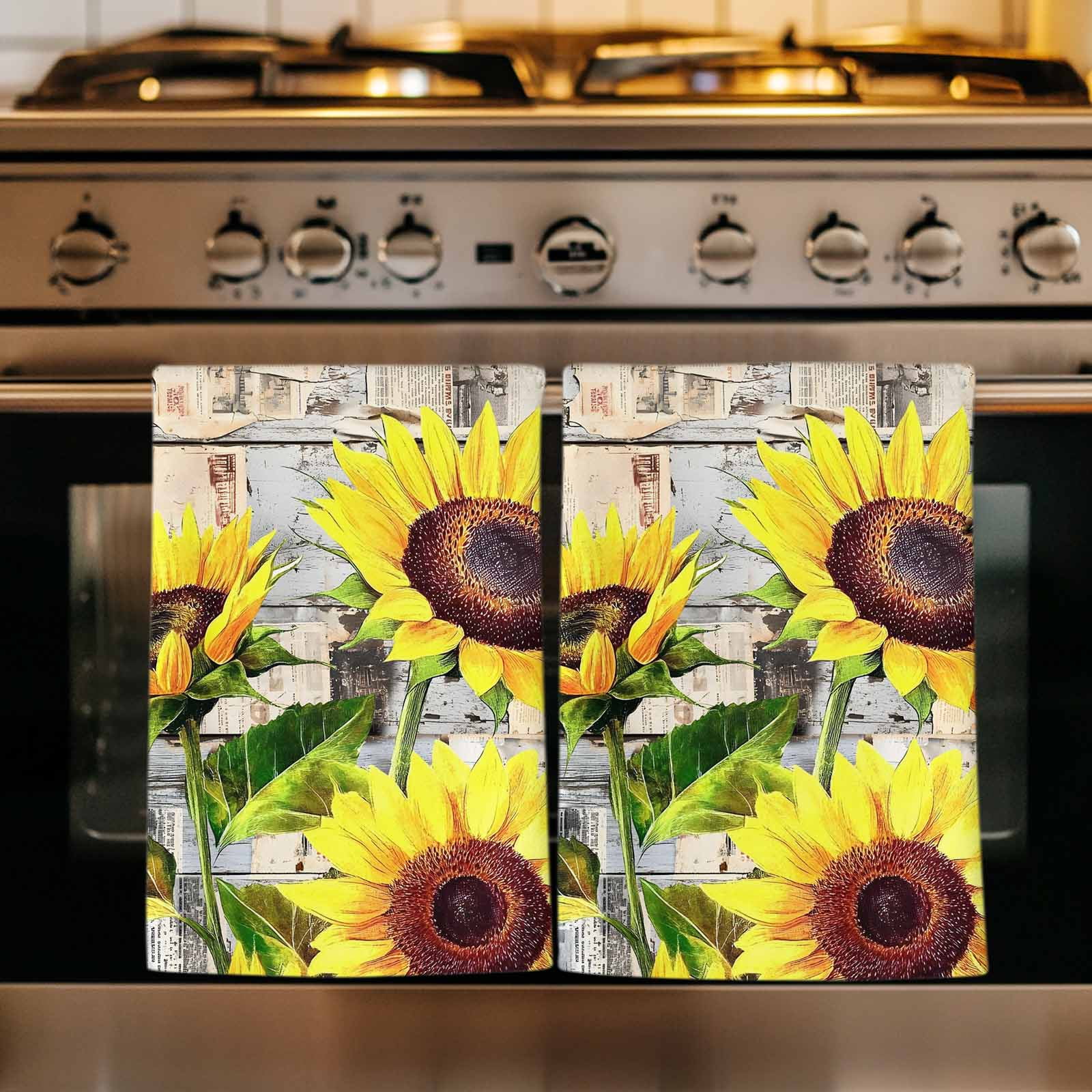 Sunflowers Kitchen Towels Set of 2, Botanical Floral Farmhouse Retro Wood Grain Absorbent Dish Towels for Kitchen, Microfiber Hand Towel, Quick Drying Tea Towel for Cleaning Decorative Dishcloths