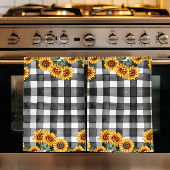 Sunflowers Kitchen Towels Set of 2, Farmhouse Summer Floral Black White Plaid Absorbent Dish Towels for Kitchen, Microfiber Hand Towel, Quick Drying Tea Towel for Cleaning Decorative Dishcloths