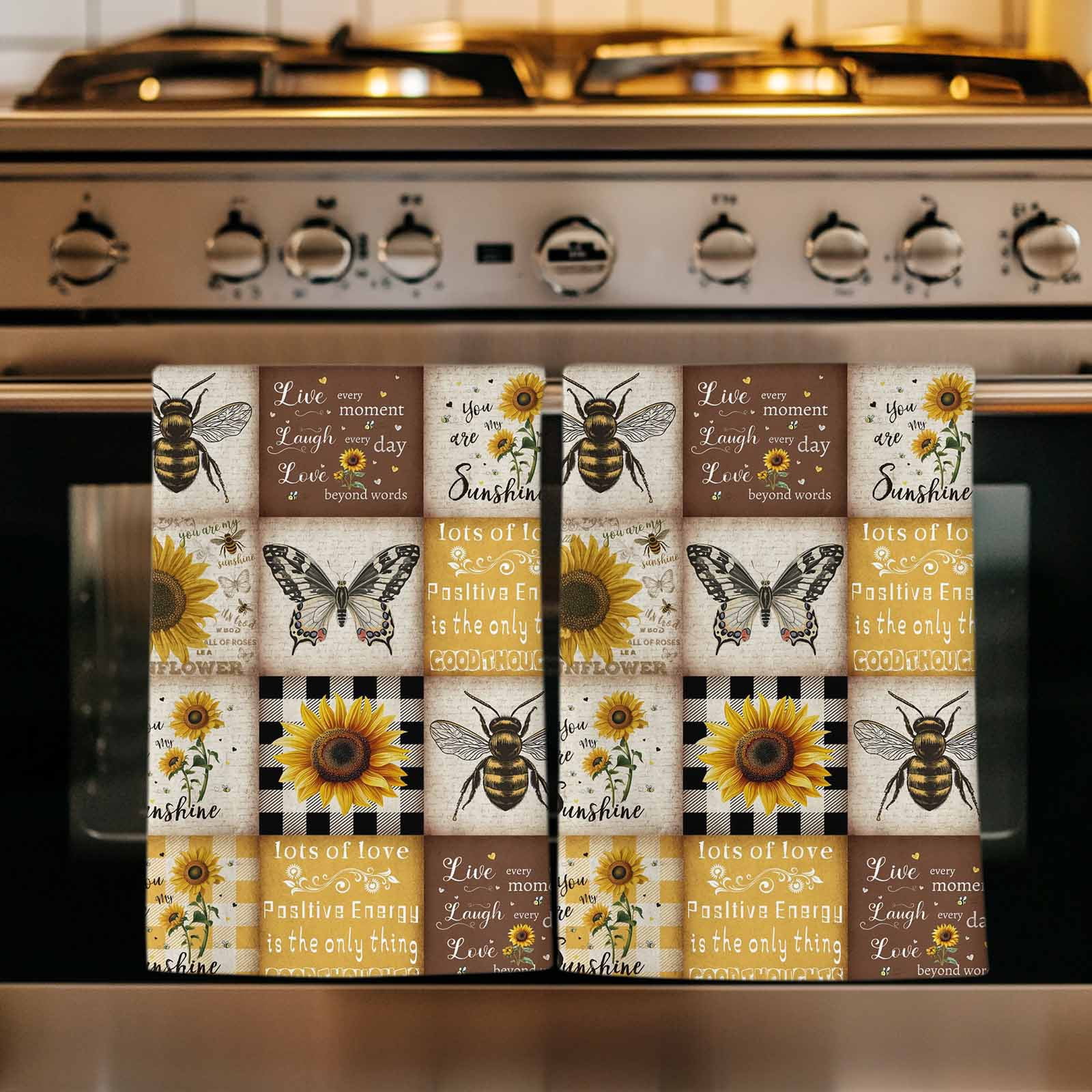 Sunflowers Kitchen Towels Set of 2, Retro Country Butterfly Bee Floral Plaid Absorbent Dish Towels for Kitchen, Microfiber Hand Towel, Quick Drying Tea Towel for Cleaning Decorative Dishcloths