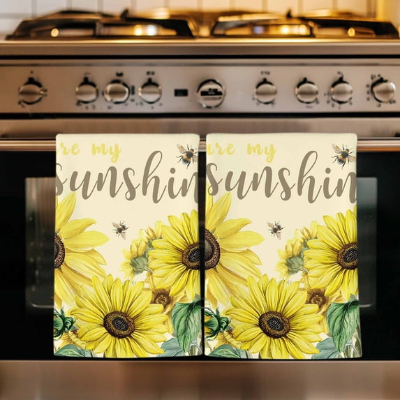 Sunflowers Kitchen Towels Set of 2, Spring Botanical Watercolor Blossom Flowers Absorbent Dish Towels for Kitchen, Microfiber Hand Towel, Quick Drying Tea Towel for Cleaning Decorative Dishcloths