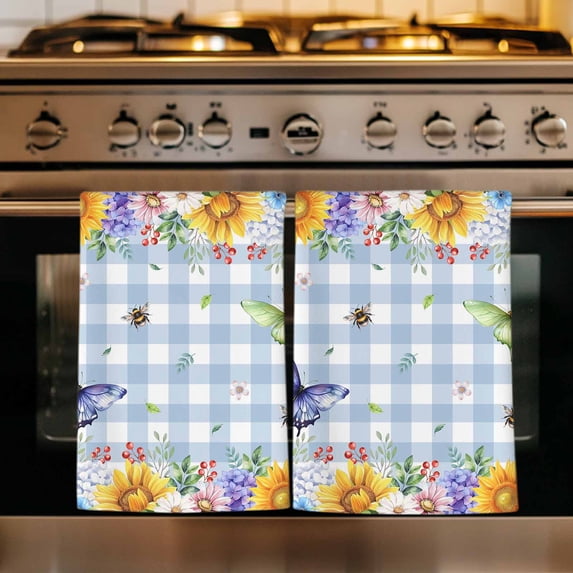 Sunflowers Kitchen Towels Set of 2, Spring Watercolor Flowers Butterflies Hydrangea Blue Absorbent Dish Towels for Kitchen, Microfiber Hand Towel, Quick Drying Tea Towel Decorative Dishcloths