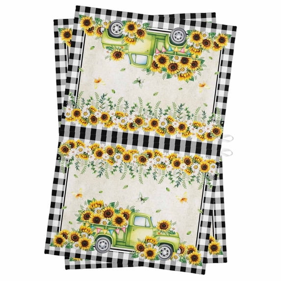 Sunflowers Kitchen Towels Set of 2, Water Absorbent Dish Towel, Spring Farmhouse Country Truck Leaf Black Plaid Decorative Hand Towels - Quick Drying Cloth for Cooking Baking, 18x28 Inch