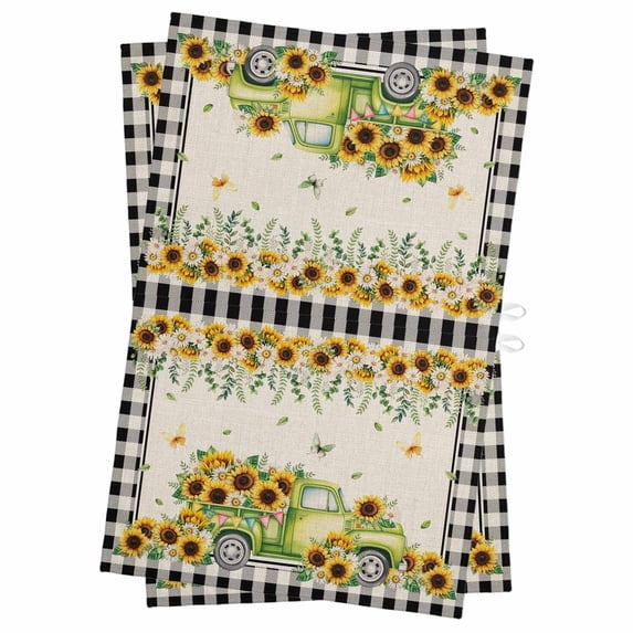 Sunflowers Kitchen Towels Set of 2, Water Absorbent Dish Towel, Spring Farmhouse Vintage Truck Leaf Black Plaid Decorative Hand Towels - Quick Drying Cloth for Cooking Baking, 18x28 Inch