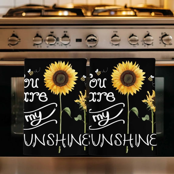 Sunflowers Kitchen Towels Set of 3, Modern Bee You Are My Sunshine Black Absorbent Dish Towels for Kitchen, Microfiber Hand Towel, Quick Drying Tea Towel for Cleaning Decorative Dishcloths