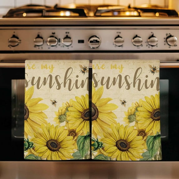 Sunflowers Kitchen Towels Set of 3, Retro Spring Botanical Blossom Flowers Bees Absorbent Dish Towels for Kitchen, Microfiber Hand Towel, Quick Drying Tea Towel for Cleaning Decorative Dishcloths