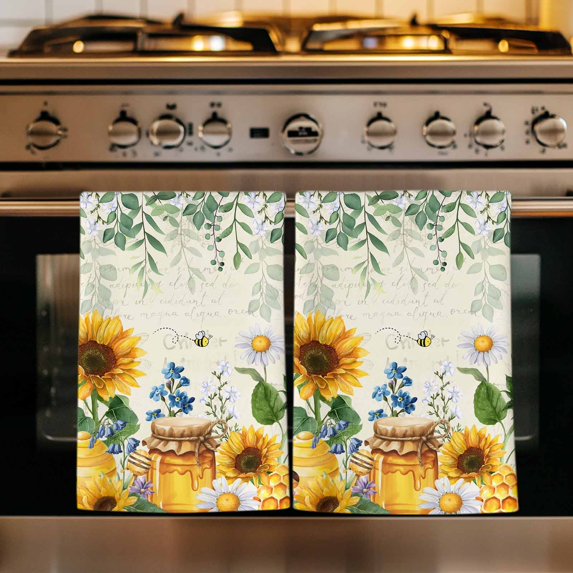 Sunflowers Kitchen Towels Set of 4, Floral Green Leaves Bees Watercolor Absorbent Dish Towels for Kitchen, Microfiber Hand Towel, Quick Drying Tea Towel for Cleaning Decorative Dishcloths