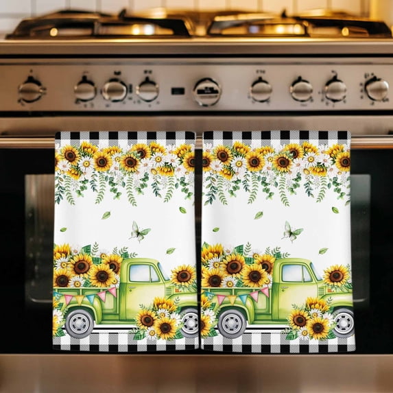 Sunflowers Kitchen Towels Set of 4, Spring Farmhouse Country Truck Floral Black Plaid Absorbent Dish Towels for Kitchen, Microfiber Hand Towel, Quick Drying Tea Towel Decorative Dishcloths