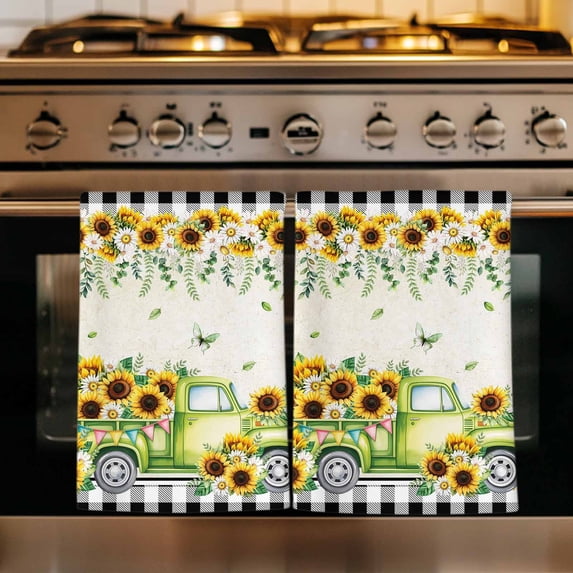 Sunflowers Kitchen Towels Set of 4, Spring Farmhouse Country Truck Leaf Black Plaid Absorbent Dish Towels for Kitchen, Microfiber Hand Towel, Quick Drying Tea Towel for Cleaning Decorative Dishcloths