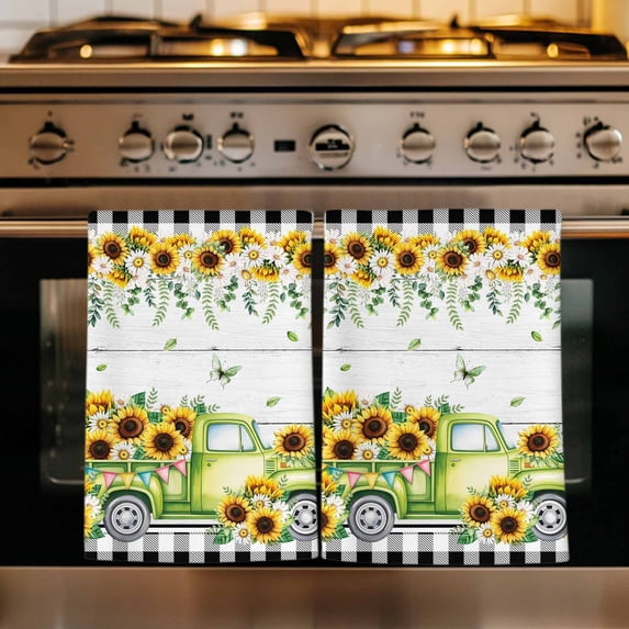 Sunflowers Kitchen Towels Set of 4, Spring Farmhouse Country Truck Leaf Wood Grain Absorbent Dish Towels for Kitchen, Microfiber Hand Towel, Quick Drying Tea Towel for Cleaning Decorative Dishcloths