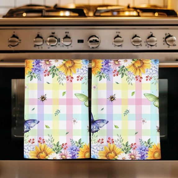 Sunflowers Kitchen Towels Set of 4, Spring Flowers Butterflies Hydrangea Watercolor Absorbent Dish Towels for Kitchen, Microfiber Hand Towel, Quick Drying Tea Towel for Cleaning Decorative Dishcloths