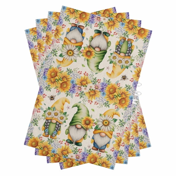 Sunflowers Kitchen Towels Set of 4, Water Absorbent Dish Towel, Spring Gnomes Hydrangea Daisy Botanical Beige Decorative Hand Towels - Quick Drying Cloth for Cooking Baking, 18x28 Inch