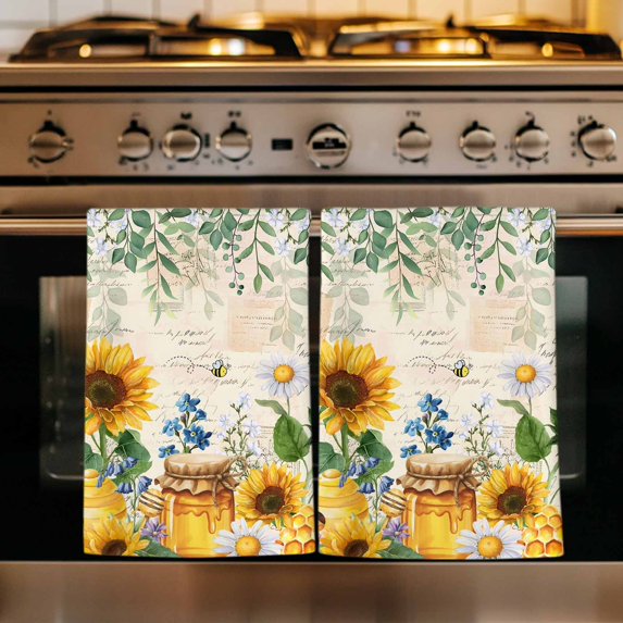 Sunflowers Kitchen Towels Set of 4, Yellow Floral Bees Green Leaves Watercolor Absorbent Dish Towels for Kitchen, Microfiber Hand Towel, Quick Drying Tea Towel for Cleaning Decorative Dishcloths