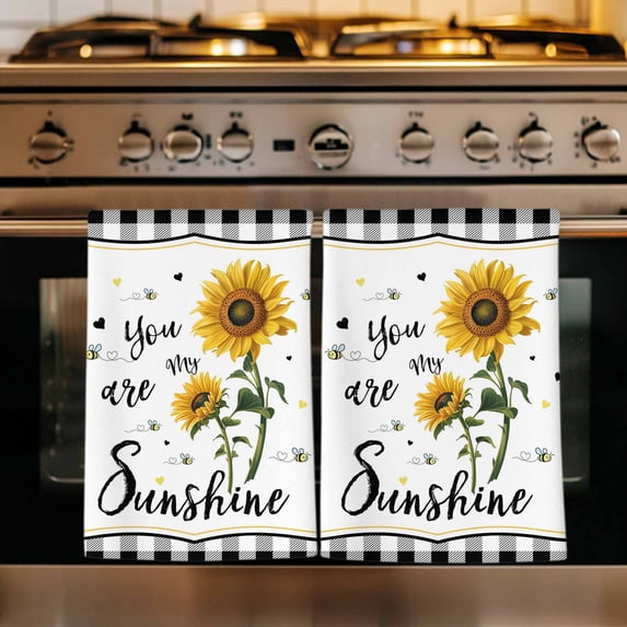 Sunflowers Kitchen Towels Set of 4, Yellow Floral Botanical Black White Plaid Farmhouse Absorbent Dish Towels for Kitchen, Microfiber Hand Towel, Quick Drying Tea Towel Decorative Dishcloths