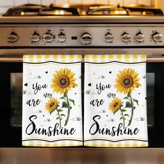 Sunflowers Kitchen Towels Set of 4, Yellow Floral Botanical Checkered Farmhouse Absorbent Dish Towels for Kitchen, Microfiber Hand Towel, Quick Drying Tea Towel for Cleaning Decorative Dishcloths