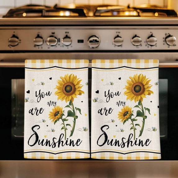 Sunflowers Kitchen Towels Set of 4, Yellow Floral Botanical Checkered Rustic Absorbent Dish Towels for Kitchen, Microfiber Hand Towel, Quick Drying Tea Towel for Cleaning Decorative Dishcloths